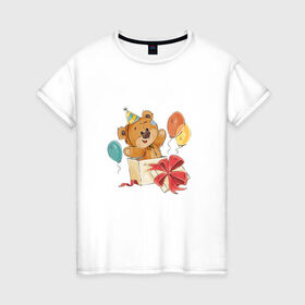 Женская футболка хлопок с принтом Мишка в Санкт-Петербурге, 100% хлопок | прямой крой, круглый вырез горловины, длина до линии бедер, слегка спущенное плечо | 14 | 14 февраля | для нее | любовь | мило | мишка | подарок | радость | сердце | шарики
