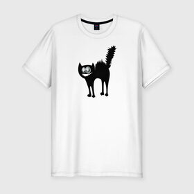 Мужская футболка хлопок Slim с принтом Забавный Кот в Санкт-Петербурге, 92% хлопок, 8% лайкра | приталенный силуэт, круглый вырез ворота, длина до линии бедра, короткий рукав | animals | beast | eyes | глаза | животные | забавный | звери | зубы | кот | котенок | кошка | прикол | пушистый | смешной | черный