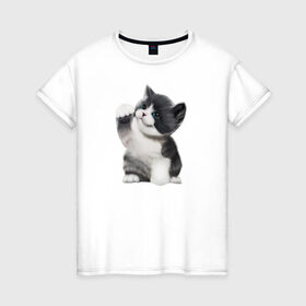 Женская футболка хлопок с принтом Котёнок в Санкт-Петербурге, 100% хлопок | прямой крой, круглый вырез горловины, длина до линии бедер, слегка спущенное плечо | animals | beast | eyes | sweet | глаза | животные | забавный | звери | зубы | кот | котенок | кошка | милый | прикол | пушистый | смешной | черный