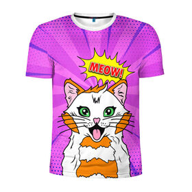 Мужская футболка 3D спортивная с принтом Meow Pop Art Cat в Санкт-Петербурге, 100% полиэстер с улучшенными характеристиками | приталенный силуэт, круглая горловина, широкие плечи, сужается к линии бедра | comics | kitty | meow | pop art | pop cat | retro | арт | белый кот | взгляд | глаза | голова кота | животные | киска | комикс | кот | кошак | кошечка | мем | мультяшный | мур мур | мяу | поп арт | прикол | пушистик | ретро