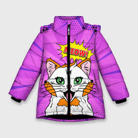 Зимняя куртка для девочек 3D с принтом Meow Pop Art Cat в Санкт-Петербурге, ткань верха — 100% полиэстер; подклад — 100% полиэстер, утеплитель — 100% полиэстер. | длина ниже бедра, удлиненная спинка, воротник стойка и отстегивающийся капюшон. Есть боковые карманы с листочкой на кнопках, утяжки по низу изделия и внутренний карман на молнии. 

Предусмотрены светоотражающий принт на спинке, радужный светоотражающий элемент на пуллере молнии и на резинке для утяжки. | Тематика изображения на принте: comics | kitty | meow | pop art | pop cat | retro | арт | белый кот | взгляд | глаза | голова кота | животные | киска | комикс | кот | кошак | кошечка | мем | мультяшный | мур мур | мяу | поп арт | прикол | пушистик | ретро