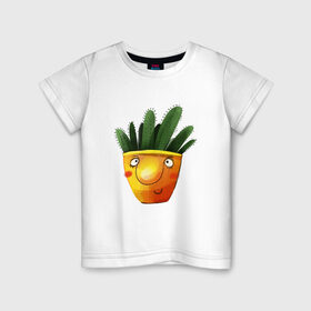Детская футболка хлопок с принтом Кактус в Санкт-Петербурге, 100% хлопок | круглый вырез горловины, полуприлегающий силуэт, длина до линии бедер | what | горшок | кактусик | цветы | чего | чее