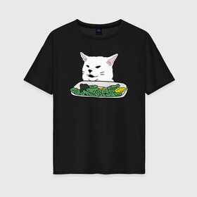 Женская футболка хлопок Oversize с принтом Смадж и овощи в Санкт-Петербурге, 100% хлопок | свободный крой, круглый ворот, спущенный рукав, длина до линии бедер
 | animals | cat | cat meme | kitty | memes | smudge | белый кот | голова кота | еда | животные | звери | злой кот | интернет мемы | интернет приколы | кот за столом | кот мем | котенок | кошак | мемы | овощи | питомец | смадж