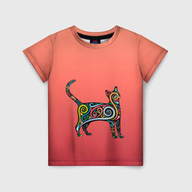 Детская футболка 3D с принтом внутренний кот арт в Санкт-Петербурге, 100% гипоаллергенный полиэфир | прямой крой, круглый вырез горловины, длина до линии бедер, чуть спущенное плечо, ткань немного тянется | арт | внутренний зверь | дудлинг | завитушки | киса | кот | котик | котэ | кошка | узор | хиппи | яркий