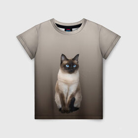 Детская футболка 3D с принтом Сиамский кот голубые глаза в Санкт-Петербурге, 100% гипоаллергенный полиэфир | прямой крой, круглый вырез горловины, длина до линии бедер, чуть спущенное плечо, ткань немного тянется | арт | бежевый | градиент | киса | коричневый | кот | котейка | котенок | котик | котэ | кошка | реализм | сиамец | сиамский