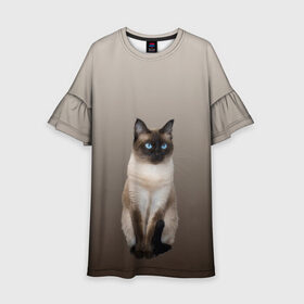 Детское платье 3D с принтом Сиамский кот голубые глаза в Санкт-Петербурге, 100% полиэстер | прямой силуэт, чуть расширенный к низу. Круглая горловина, на рукавах — воланы | арт | бежевый | градиент | киса | коричневый | кот | котейка | котенок | котик | котэ | кошка | реализм | сиамец | сиамский