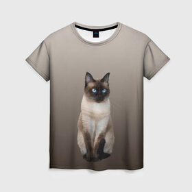 Женская футболка 3D с принтом Сиамский кот голубые глаза в Санкт-Петербурге, 100% полиэфир ( синтетическое хлопкоподобное полотно) | прямой крой, круглый вырез горловины, длина до линии бедер | арт | бежевый | градиент | киса | коричневый | кот | котейка | котенок | котик | котэ | кошка | реализм | сиамец | сиамский