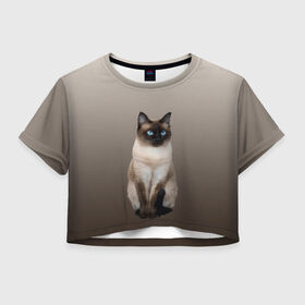 Женская футболка Crop-top 3D с принтом Сиамский кот голубые глаза в Санкт-Петербурге, 100% полиэстер | круглая горловина, длина футболки до линии талии, рукава с отворотами | Тематика изображения на принте: арт | бежевый | градиент | киса | коричневый | кот | котейка | котенок | котик | котэ | кошка | реализм | сиамец | сиамский