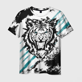 Мужская футболка 3D с принтом Голубоглазый тигр в Санкт-Петербурге, 100% полиэфир | прямой крой, круглый вырез горловины, длина до линии бедер | Тематика изображения на принте: абстракция | агрессивный | злой | зубы | клякса | пасть | полоски | полосы | суровый | тигр | чернота