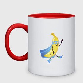 Кружка двухцветная с принтом Baana man в Санкт-Петербурге, керамика | объем — 330 мл, диаметр — 80 мм. Цветная ручка и кайма сверху, в некоторых цветах — вся внутренняя часть | banana | man | superhero | банан | супергерой | человек банан