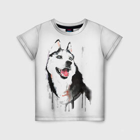 Детская футболка 3D с принтом Хаски красками в Санкт-Петербурге, 100% гипоаллергенный полиэфир | прямой крой, круглый вырез горловины, длина до линии бедер, чуть спущенное плечо, ткань немного тянется | Тематика изображения на принте: dogs | рисунок | собаки | хаски | щенок