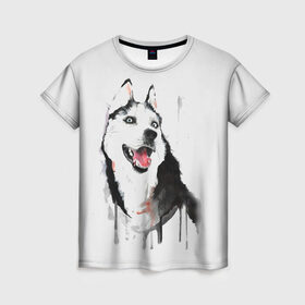 Женская футболка 3D с принтом Хаски красками в Санкт-Петербурге, 100% полиэфир ( синтетическое хлопкоподобное полотно) | прямой крой, круглый вырез горловины, длина до линии бедер | dogs | рисунок | собаки | хаски | щенок