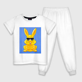 Детская пижама хлопок с принтом Харитон в очках в Санкт-Петербурге, 100% хлопок |  брюки и футболка прямого кроя, без карманов, на брюках мягкая резинка на поясе и по низу штанин
 | детям | желейный | желейный заяц | желтый заяц | кролик | харитон | харитон в очках | харитошка