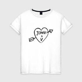 Женская футболка хлопок с принтом Johnny + V в Санкт-Петербурге, 100% хлопок | прямой крой, круглый вырез горловины, длина до линии бедер, слегка спущенное плечо | johnny | silverhand | ви | киберпанк | сердце | татуировка