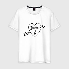 Мужская футболка хлопок с принтом Johnny + V в Санкт-Петербурге, 100% хлопок | прямой крой, круглый вырез горловины, длина до линии бедер, слегка спущенное плечо. | johnny | silverhand | ви | киберпанк | сердце | татуировка