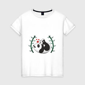 Женская футболка хлопок с принтом Мама панда с малышом в Санкт-Петербурге, 100% хлопок | прямой крой, круглый вырез горловины, длина до линии бедер, слегка спущенное плечо | baby | mom | panda | бамбук | малыш | мама | панда | ребенок