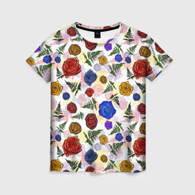 Женская футболка 3D с принтом цветы узор в Санкт-Петербурге, 100% полиэфир ( синтетическое хлопкоподобное полотно) | прямой крой, круглый вырез горловины, длина до линии бедер | весна | женственный | красивый | нежный | узор | флористика | цветы