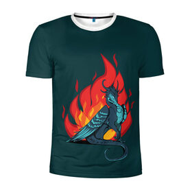 Мужская футболка 3D спортивная с принтом Бирюзовый дракон в Санкт-Петербурге, 100% полиэстер с улучшенными характеристиками | приталенный силуэт, круглая горловина, широкие плечи, сужается к линии бедра | Тематика изображения на принте: бирюзовый цвет | графика | дракон | огонь | персонаж | пламя | рисунок | фэнтези