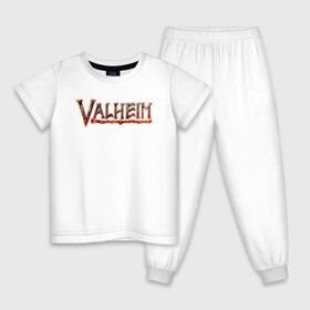 Детская пижама хлопок с принтом Valheim logo в Санкт-Петербурге, 100% хлопок |  брюки и футболка прямого кроя, без карманов, на брюках мягкая резинка на поясе и по низу штанин
 | Тематика изображения на принте: asgard | axe | games | gods | logo | loki | odin | spear | steam | thor | valheim | vikings | war | асгард | боги | вальхейм | викинги | война | игры | копье | лого | локи | один | стим | топор | тор