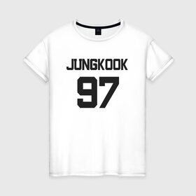 Женская футболка хлопок с принтом BTS - Jungkook 97 в Санкт-Петербурге, 100% хлопок | прямой крой, круглый вырез горловины, длина до линии бедер, слегка спущенное плечо | boysband | bts | jungkook | jungkook 97 | k pop | korea | korean | music | бтс | джонгук | к поп | кей поп | корейская | корейский | корея | кпоп | музыка | чонгук
