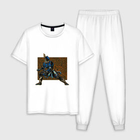 Мужская пижама хлопок с принтом Воин Рино в Санкт-Петербурге, 100% хлопок | брюки и футболка прямого кроя, без карманов, на брюках мягкая резинка на поясе и по низу штанин
 | warframe | арт | варфрейм | воин | индеец | рино | рисунок