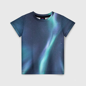 Детская футболка 3D с принтом Северное Сияние в Санкт-Петербурге, 100% гипоаллергенный полиэфир | прямой крой, круглый вырез горловины, длина до линии бедер, чуть спущенное плечо, ткань немного тянется | звёздное небо | зелёный | северное небо. | синий | фиолетовый