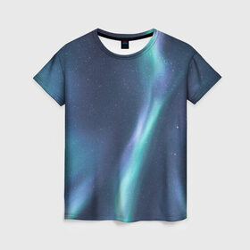 Женская футболка 3D с принтом Северное Сияние в Санкт-Петербурге, 100% полиэфир ( синтетическое хлопкоподобное полотно) | прямой крой, круглый вырез горловины, длина до линии бедер | звёздное небо | зелёный | северное небо. | синий | фиолетовый
