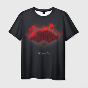 Мужская футболка 3D с принтом Light your fire в Санкт-Петербурге, 100% полиэфир | прямой крой, круглый вырез горловины, длина до линии бедер | light your fire | веер | зажги свой огонь | красное пламя | огонь | темный фон