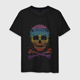 Мужская футболка хлопок с принтом Пиксельный череп в Санкт-Петербурге, 100% хлопок | прямой крой, круглый вырез горловины, длина до линии бедер, слегка спущенное плечо. | абстракция | кости | мозаика | паззл | скелет | чеперушка | череп