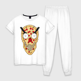 Женская пижама хлопок с принтом Злая пицца в Санкт-Петербурге, 100% хлопок | брюки и футболка прямого кроя, без карманов, на брюках мягкая резинка на поясе и по низу штанин | evil | pizza | голова | еда | злой | монстр | пицца | хипстер | череп