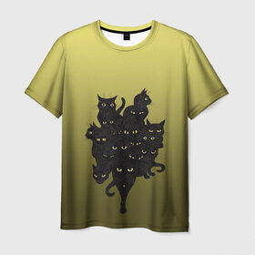 Мужская футболка 3D с принтом много черных котов в Санкт-Петербурге, 100% полиэфир | прямой крой, круглый вырез горловины, длина до линии бедер | градиент | демоны | дьяволы | желтые глаза | коты | кошки | магия | мрак | персонаж | потусторонье | примета | рисунок | сущность | черные | черный