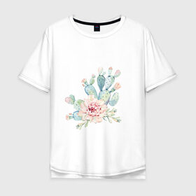 Мужская футболка хлопок Oversize с принтом цветущий кактус акварель в Санкт-Петербурге, 100% хлопок | свободный крой, круглый ворот, “спинка” длиннее передней части | акварель | акварельный | весна | кактус | мило | природа | растение | рисунок | суккулент | цветение | цветок | цветущий