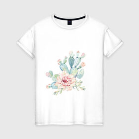 Женская футболка хлопок с принтом цветущий кактус акварель в Санкт-Петербурге, 100% хлопок | прямой крой, круглый вырез горловины, длина до линии бедер, слегка спущенное плечо | акварель | акварельный | весна | кактус | мило | природа | растение | рисунок | суккулент | цветение | цветок | цветущий