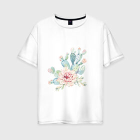 Женская футболка хлопок Oversize с принтом цветущий кактус акварель в Санкт-Петербурге, 100% хлопок | свободный крой, круглый ворот, спущенный рукав, длина до линии бедер
 | акварель | акварельный | весна | кактус | мило | природа | растение | рисунок | суккулент | цветение | цветок | цветущий