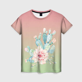 Женская футболка 3D с принтом суккулент градиент в Санкт-Петербурге, 100% полиэфир ( синтетическое хлопкоподобное полотно) | прямой крой, круглый вырез горловины, длина до линии бедер | акварель | акварельный | весна | кактус | мило | природа | растение | рисунок | суккулент | сукулент | цветение | цветок | цветущий | цветы