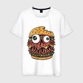 Мужская футболка хлопок с принтом Злой бургер в Санкт-Петербурге, 100% хлопок | прямой крой, круглый вырез горловины, длина до линии бедер, слегка спущенное плечо. | бургер | глаза | голова | еда | лицо | хипстер | череп