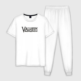 Мужская пижама хлопок с принтом Valheim logo в Санкт-Петербурге, 100% хлопок | брюки и футболка прямого кроя, без карманов, на брюках мягкая резинка на поясе и по низу штанин
 | Тематика изображения на принте: valheim | valheim логотип | вальхейм | выживание | игра | игры