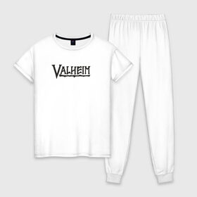 Женская пижама хлопок с принтом Valheim logo в Санкт-Петербурге, 100% хлопок | брюки и футболка прямого кроя, без карманов, на брюках мягкая резинка на поясе и по низу штанин | valheim | valheim логотип | вальхейм | выживание | игра | игры