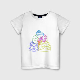 Детская футболка хлопок с принтом Пищевая пирамида (сладкая) в Санкт-Петербурге, 100% хлопок | круглый вырез горловины, полуприлегающий силуэт, длина до линии бедер | Тематика изображения на принте: вкуснятина | глазурь | кекс | круассан | кусок торта | кусочек торта | леденец | лолипоп | маффин | пирамида | пищевая | сладкая | торт | тортик