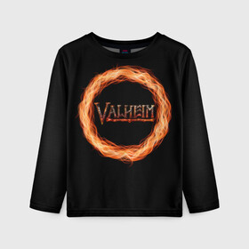 Детский лонгслив 3D с принтом Valheim - огненный круг в Санкт-Петербурге, 100% полиэстер | длинные рукава, круглый вырез горловины, полуприлегающий силуэт
 | valheim | вальхейм | викинги | игра | компьютерный | круг | логотип | минимализм | огненный | огонь | подарок | черный