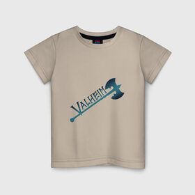 Детская футболка хлопок с принтом Valheim тёмное лого с секирой в Санкт-Петербурге, 100% хлопок | круглый вырез горловины, полуприлегающий силуэт, длина до линии бедер | p2p | pvp | valheim | валхейм | викинг | викинги | выживание | градиент | лого | песочница | сага | секира | скандинавы | сурвайвал | тёмный