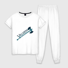 Женская пижама хлопок с принтом Valheim тёмное лого с секирой в Санкт-Петербурге, 100% хлопок | брюки и футболка прямого кроя, без карманов, на брюках мягкая резинка на поясе и по низу штанин | p2p | pvp | valheim | валхейм | викинг | викинги | выживание | градиент | лого | песочница | сага | секира | скандинавы | сурвайвал | тёмный