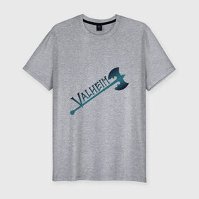 Мужская футболка хлопок Slim с принтом Valheim тёмное лого с секирой в Санкт-Петербурге, 92% хлопок, 8% лайкра | приталенный силуэт, круглый вырез ворота, длина до линии бедра, короткий рукав | p2p | pvp | valheim | валхейм | викинг | викинги | выживание | градиент | лого | песочница | сага | секира | скандинавы | сурвайвал | тёмный