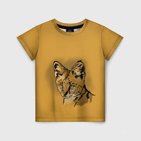 Детская футболка 3D с принтом Сервал в Санкт-Петербурге, 100% гипоаллергенный полиэфир | прямой крой, круглый вырез горловины, длина до линии бедер, чуть спущенное плечо, ткань немного тянется | африка | графика | дикий мир | животное | кошка | персонаж | природа | рисунок | хищник