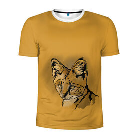 Мужская футболка 3D спортивная с принтом Сервал в Санкт-Петербурге, 100% полиэстер с улучшенными характеристиками | приталенный силуэт, круглая горловина, широкие плечи, сужается к линии бедра | африка | графика | дикий мир | животное | кошка | персонаж | природа | рисунок | хищник