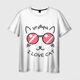 Мужская футболка 3D с принтом I Love cat (я люблю котов) в Санкт-Петербурге, 100% полиэфир | прямой крой, круглый вырез горловины, длина до линии бедер | Тематика изображения на принте: 8 марта | cat | i love you | kiss | love | губы | девушке | день влюбленных | зубы | киса | кот | котик | коты | люблю котов | любовь | любтмой | марта | очки | поцелуй | розовые губы | розовый | страсть | течет