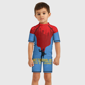 Детский купальный костюм 3D с принтом Metropolis в Санкт-Петербурге, Полиэстер 85%, Спандекс 15% | застежка на молнии на спине | superman | vdzabma | супермен