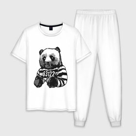 Мужская пижама хлопок с принтом Задержанный панда в Санкт-Петербурге, 100% хлопок | брюки и футболка прямого кроя, без карманов, на брюках мягкая резинка на поясе и по низу штанин
 | бандит | медведь | опасный | панда | преступник | хипстер | хулиган