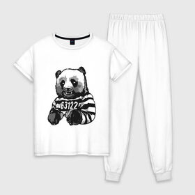 Женская пижама хлопок с принтом Задержанный панда в Санкт-Петербурге, 100% хлопок | брюки и футболка прямого кроя, без карманов, на брюках мягкая резинка на поясе и по низу штанин | бандит | медведь | опасный | панда | преступник | хипстер | хулиган