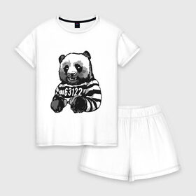 Женская пижама с шортиками хлопок с принтом Задержанный панда в Санкт-Петербурге, 100% хлопок | футболка прямого кроя, шорты свободные с широкой мягкой резинкой | бандит | медведь | опасный | панда | преступник | хипстер | хулиган